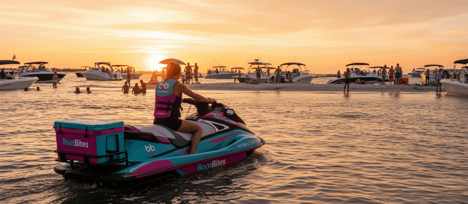BoatBites jet ski delivery at sunset